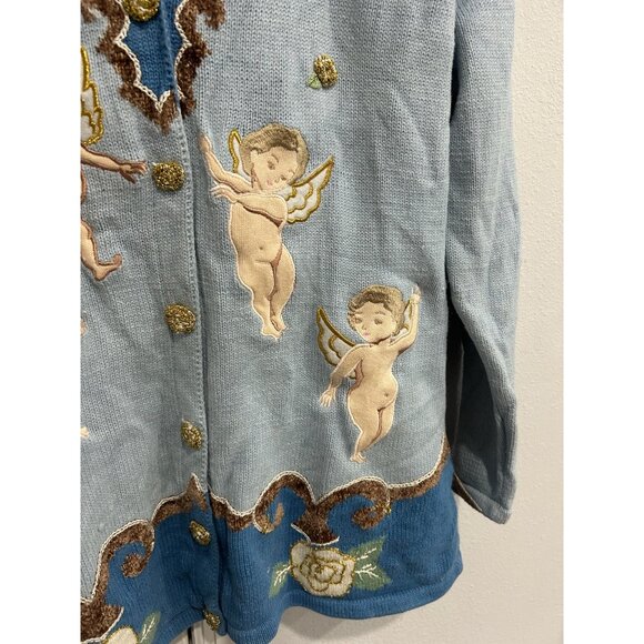 Vintage Storybook Knits Angels Cardigan Sweater Blue Size Medium Heaven Cozy - Picture 4 of 10